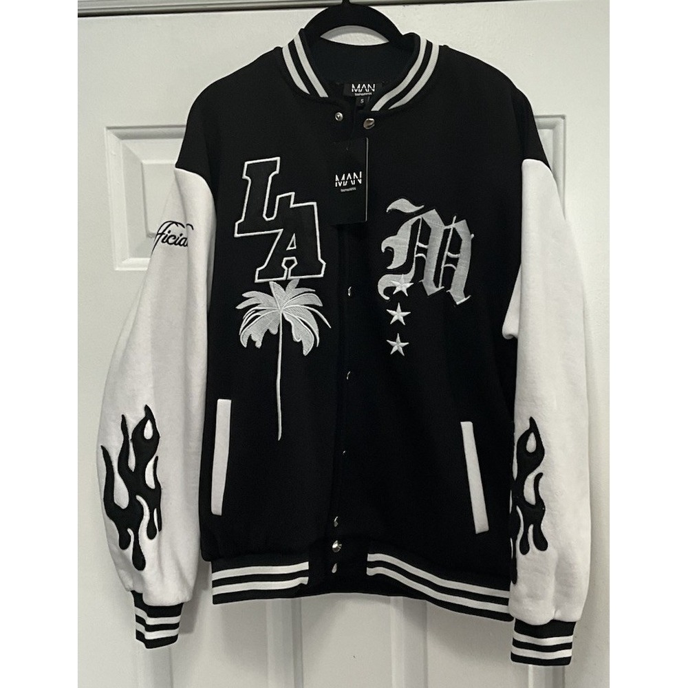 Boohoo Man La Badge Embroidered Varsity/Bomber Jacket Black/White Men's Small